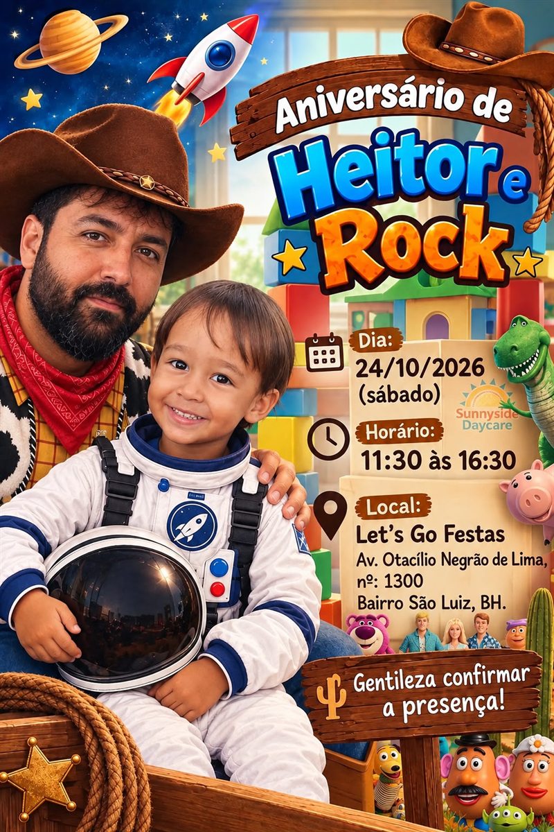 Convite do aniversário de Heitor e Rock: 24/10/2026, sábado, das 11:30 às 16:30, na Let's Go Festas — Av. Otacílio Negrão de Lima, nº 1300, Bairro São Luiz, BH.